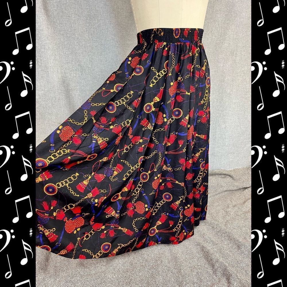 Marisa Christina Black A-Line Skirt with Red and Gold Chain Print